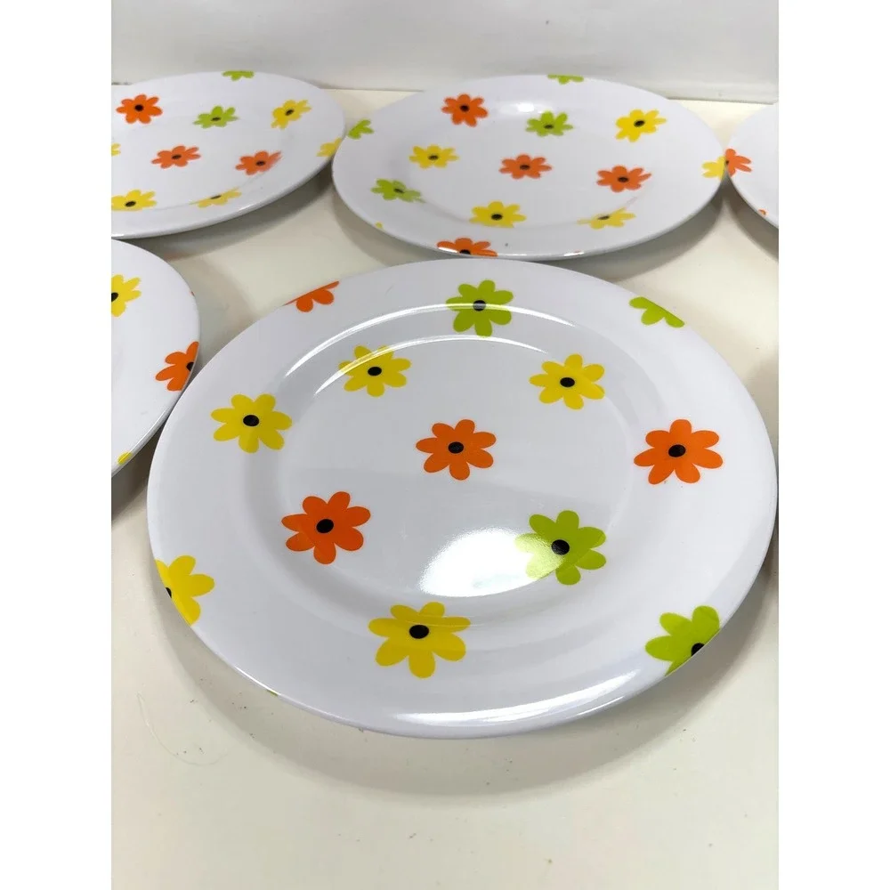 VTG Style Melamine Floral Plate Set 10pc Retro Orange Green Yellow Flower Set